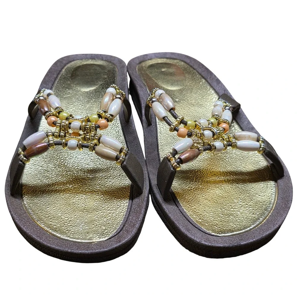 Womens Beaded Wedge Sandals Brown Gold Boho Strappy Slip On Beach Pool Size XL